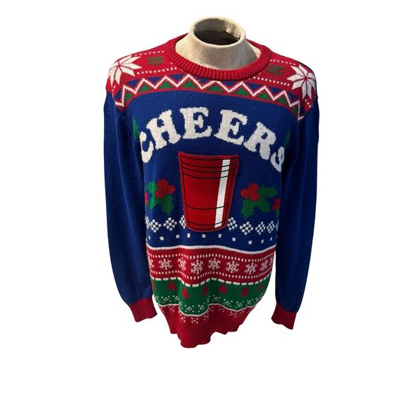 Hybrid Holiday Christmas Sweater Men’s Large Cheers Red Cup Ugly Party Pullover - Picture 1 of 4